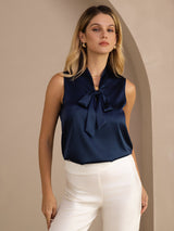 [Azul Oscuro] SilkSilky-ES Sleeveless Tie Neck Top de tirantes 005