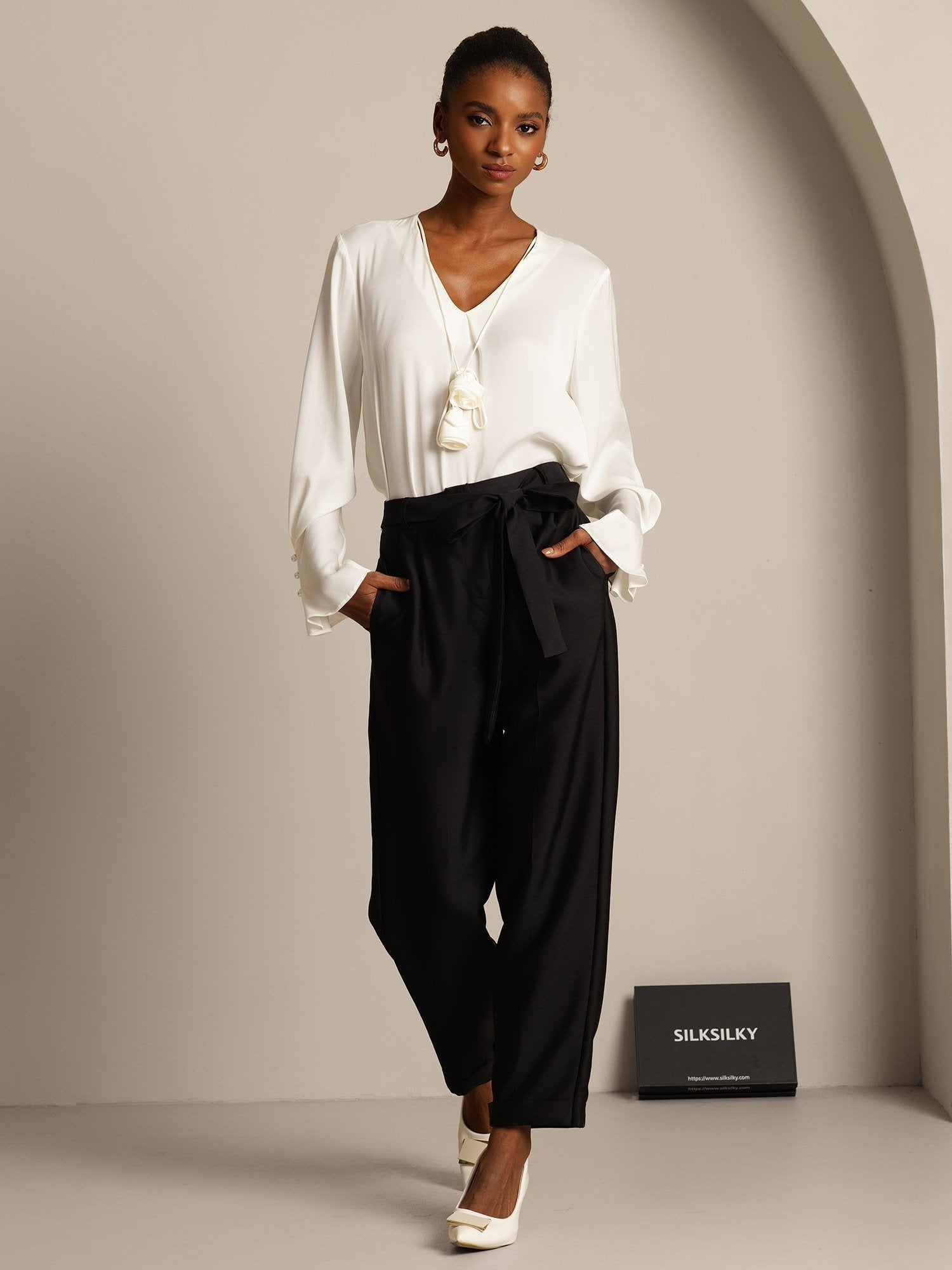 [Negro] SilkSilky-ES 32Momme Silk-Wool Blend Womens Pants 003,