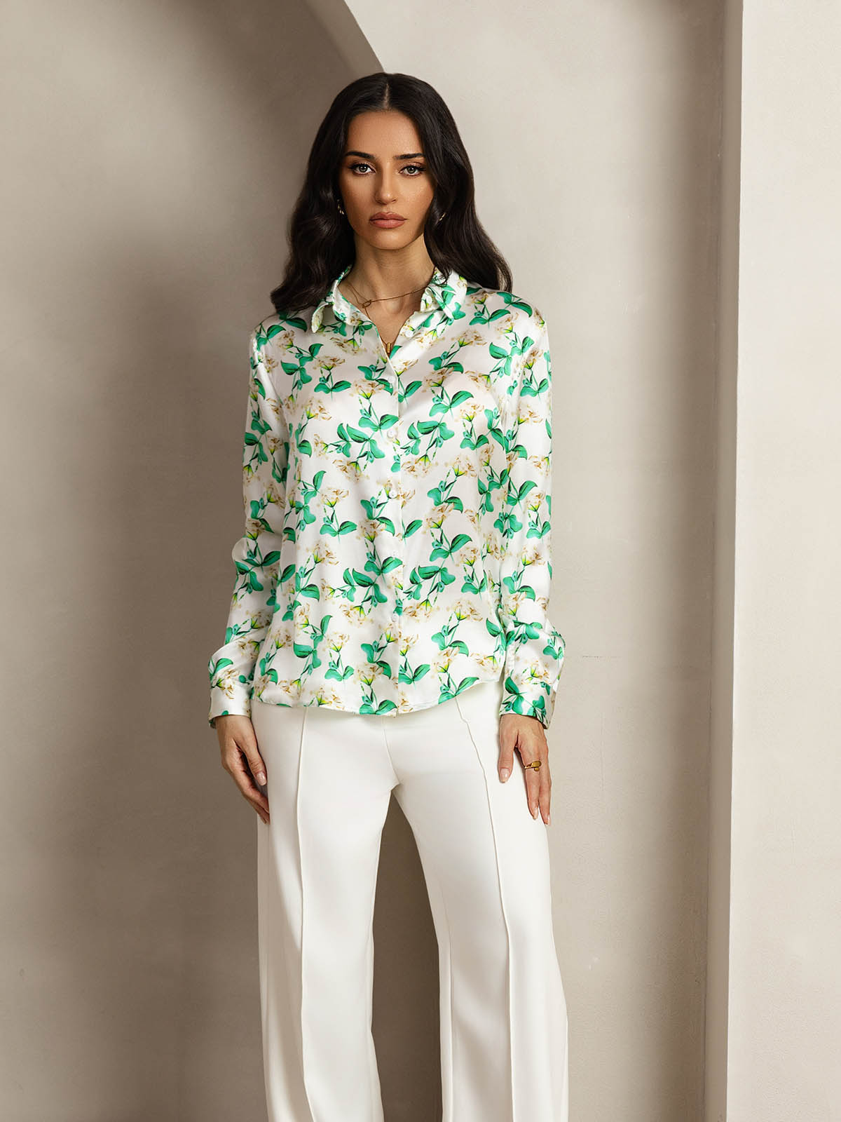 [Floral Verde] SilkSilky-ES Seda Manga larga Cuello Camisero Blusas de Mujer 003