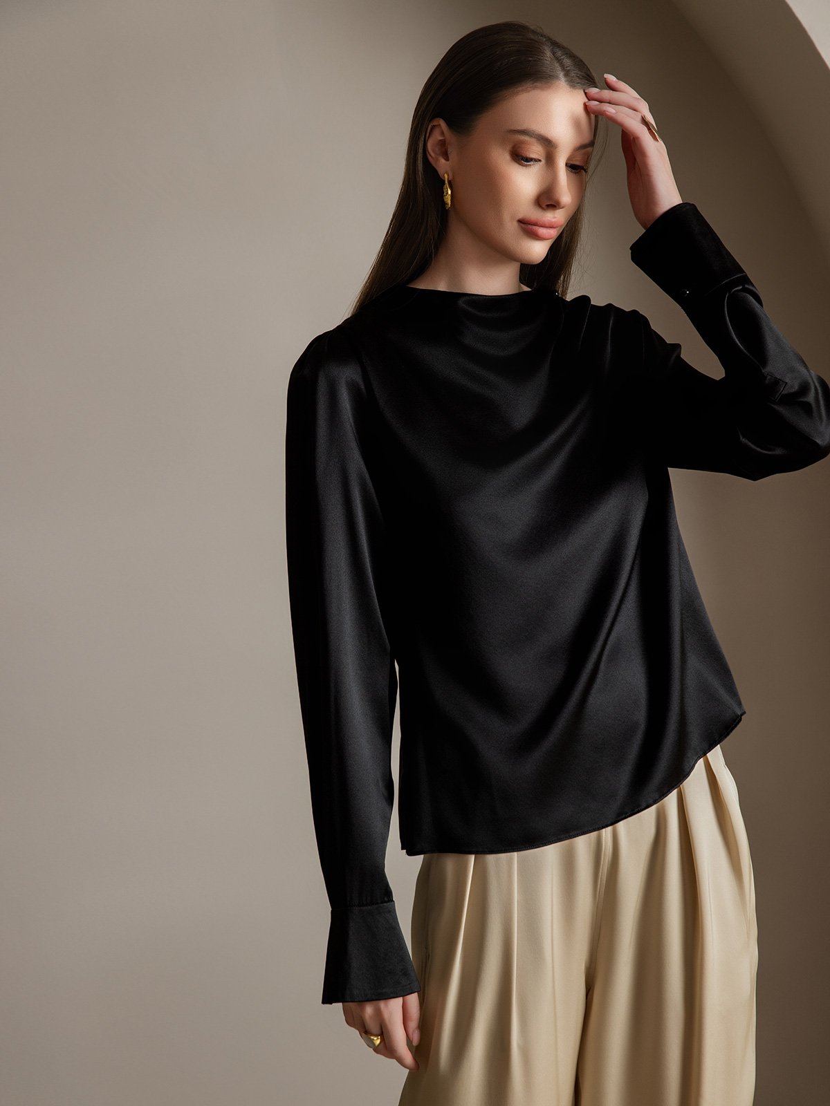 [Negro] SilkSilky-ES 19Momme Seda Womens Shirt 006