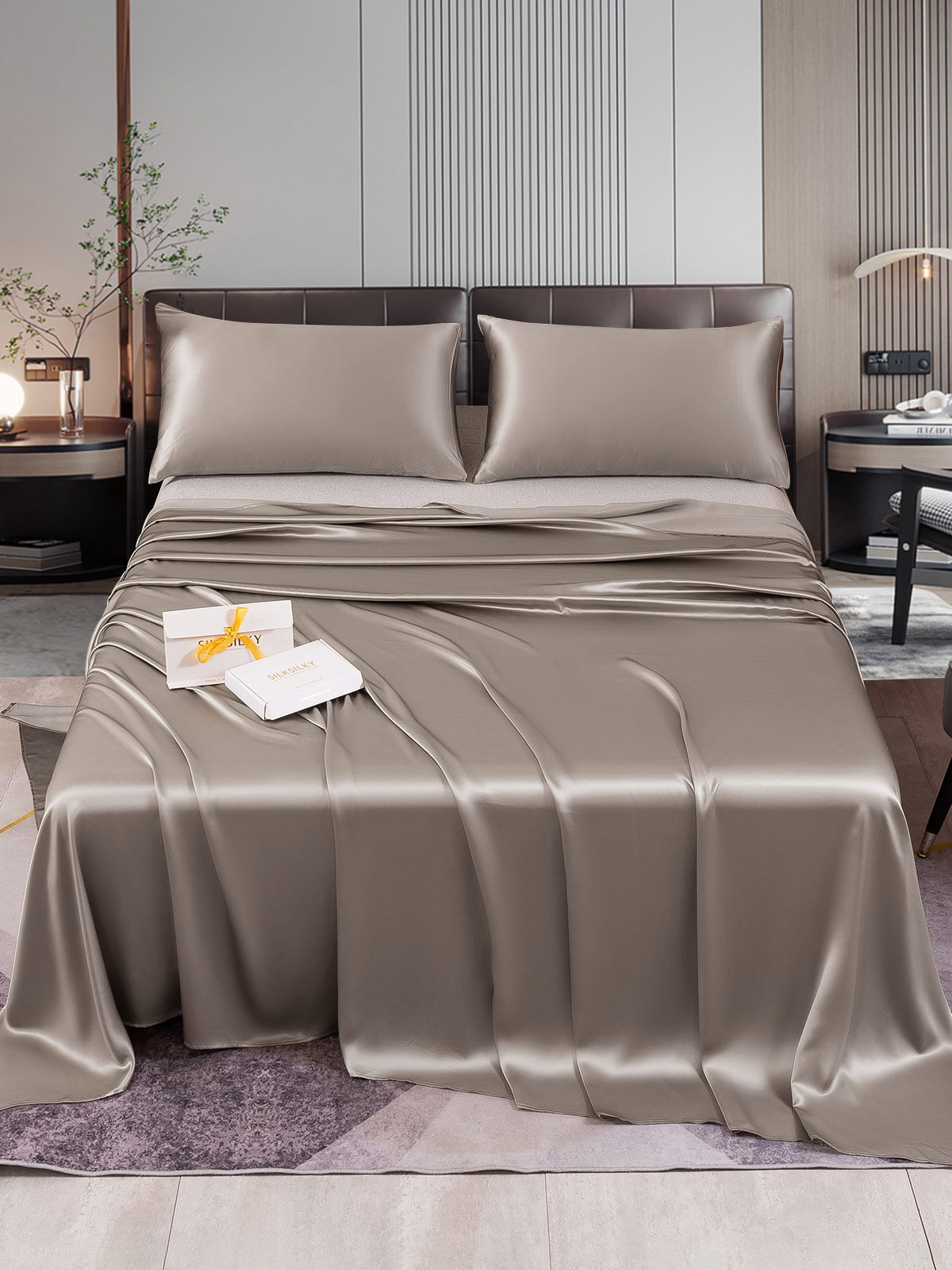 SilkSilky ES 22Momme Seda Pura Bedding Set Gris 001