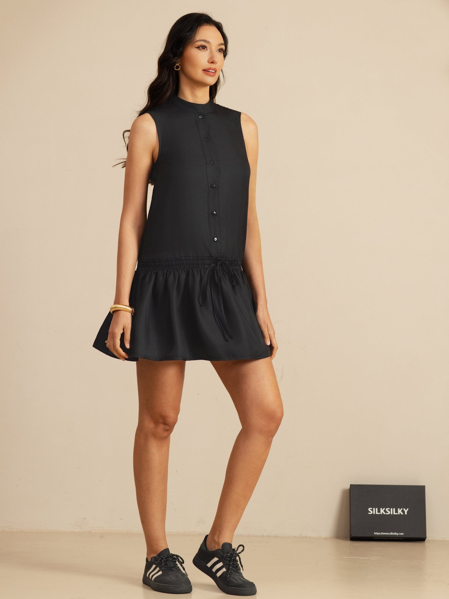 [Negro] SilkSilky-ES 18Momme Sin mangas Cuello Alto Vestido 007