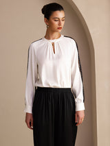 [Blanco] SilkSilky-ES Long Sleeve Keyhole Neck Blusas 004