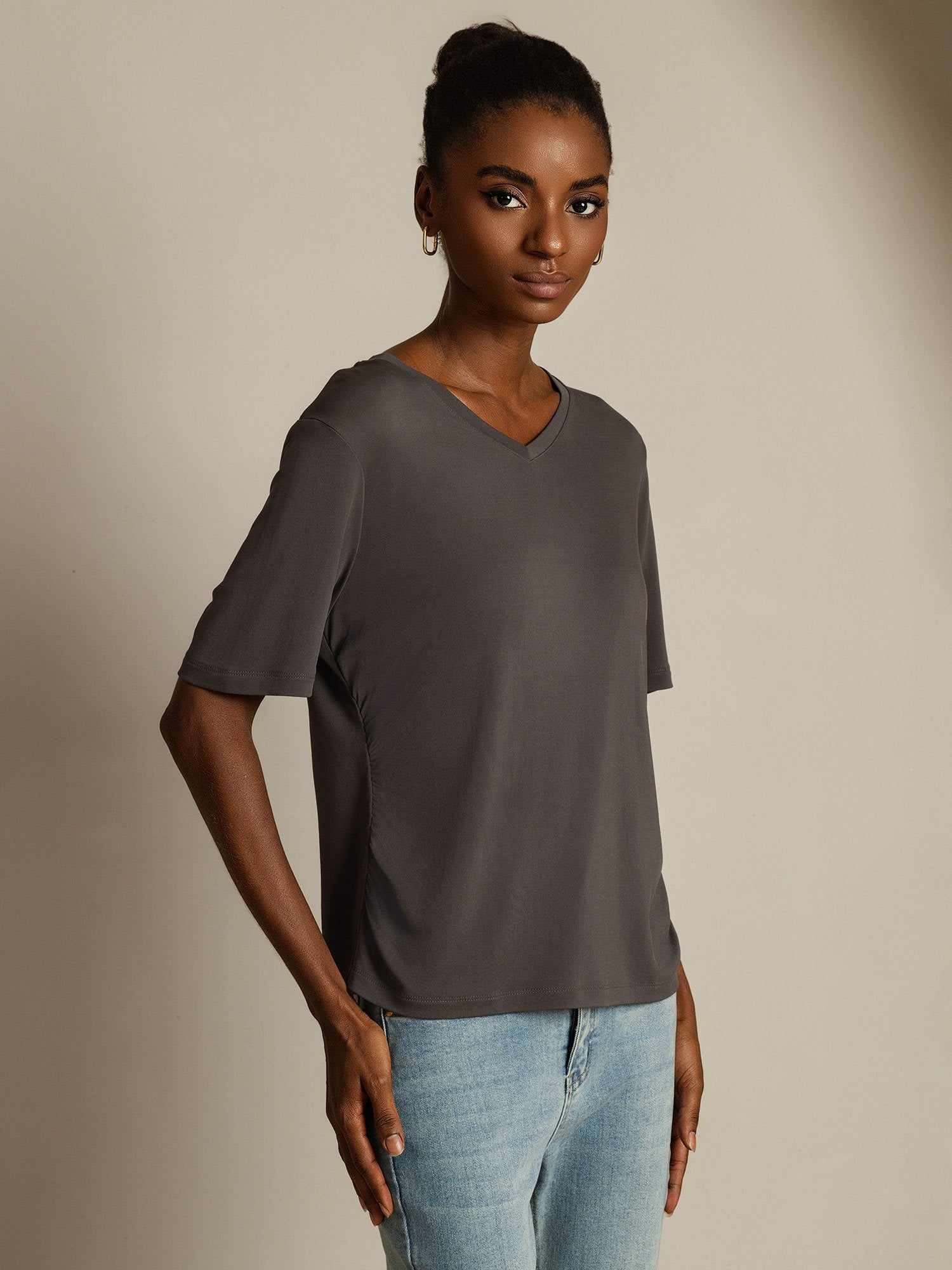 [Gris] SilkSilky-ES Seda Pura Cuello en V Camisetas de Mujer 001