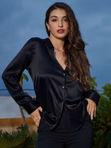 [Negro] SilkSilky-ES 19Momme Manga larga Cuello con Solapa Blusas de Mujer 003