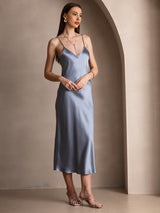 [Azul Grisáceo] SilkSilky-ES Spaghetti Strap V Neck Vestido 004