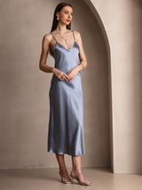 [Azul Grisáceo] SilkSilky-ES Spaghetti Strap V Neck Vestido 004