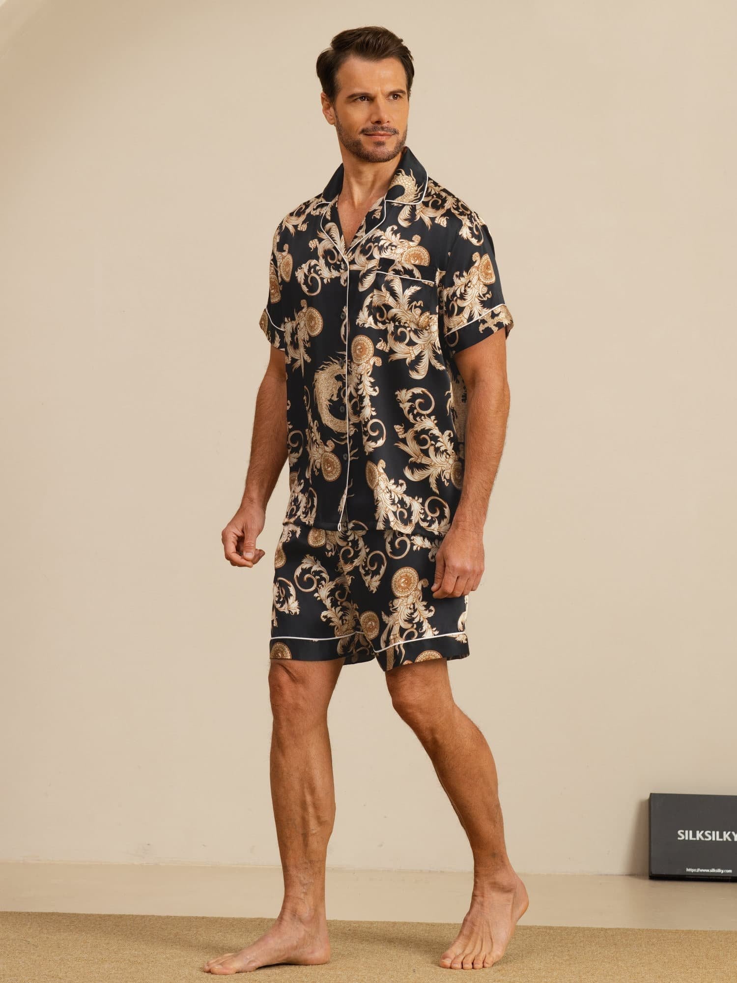 [Dragón Negro] SilkSilky-ES Manga corta Cuello de Muesca Pijamas de hombre 006