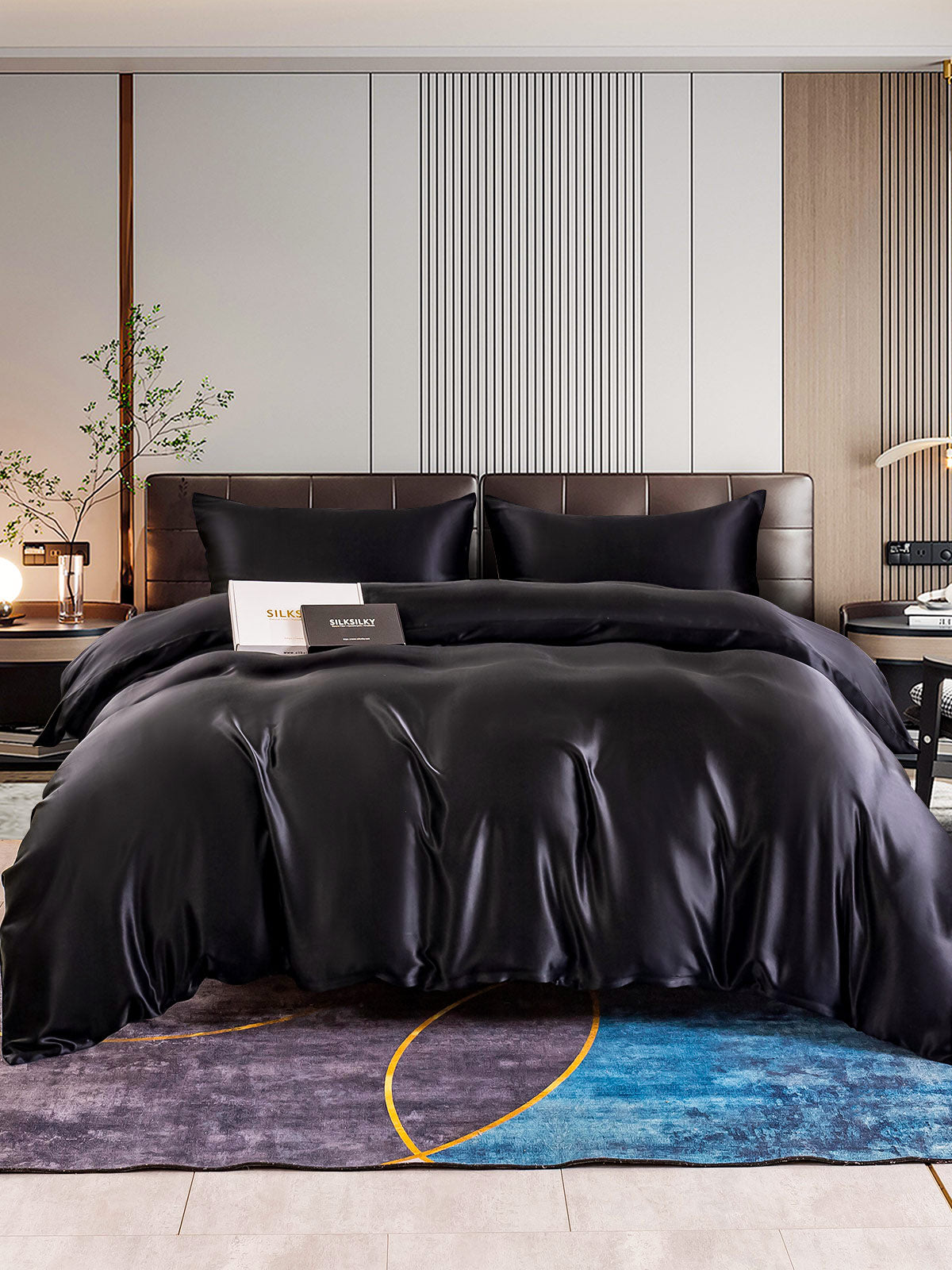 [Negro] SilkSilky-ES 22Momme Seda Pura Bedding Set 001