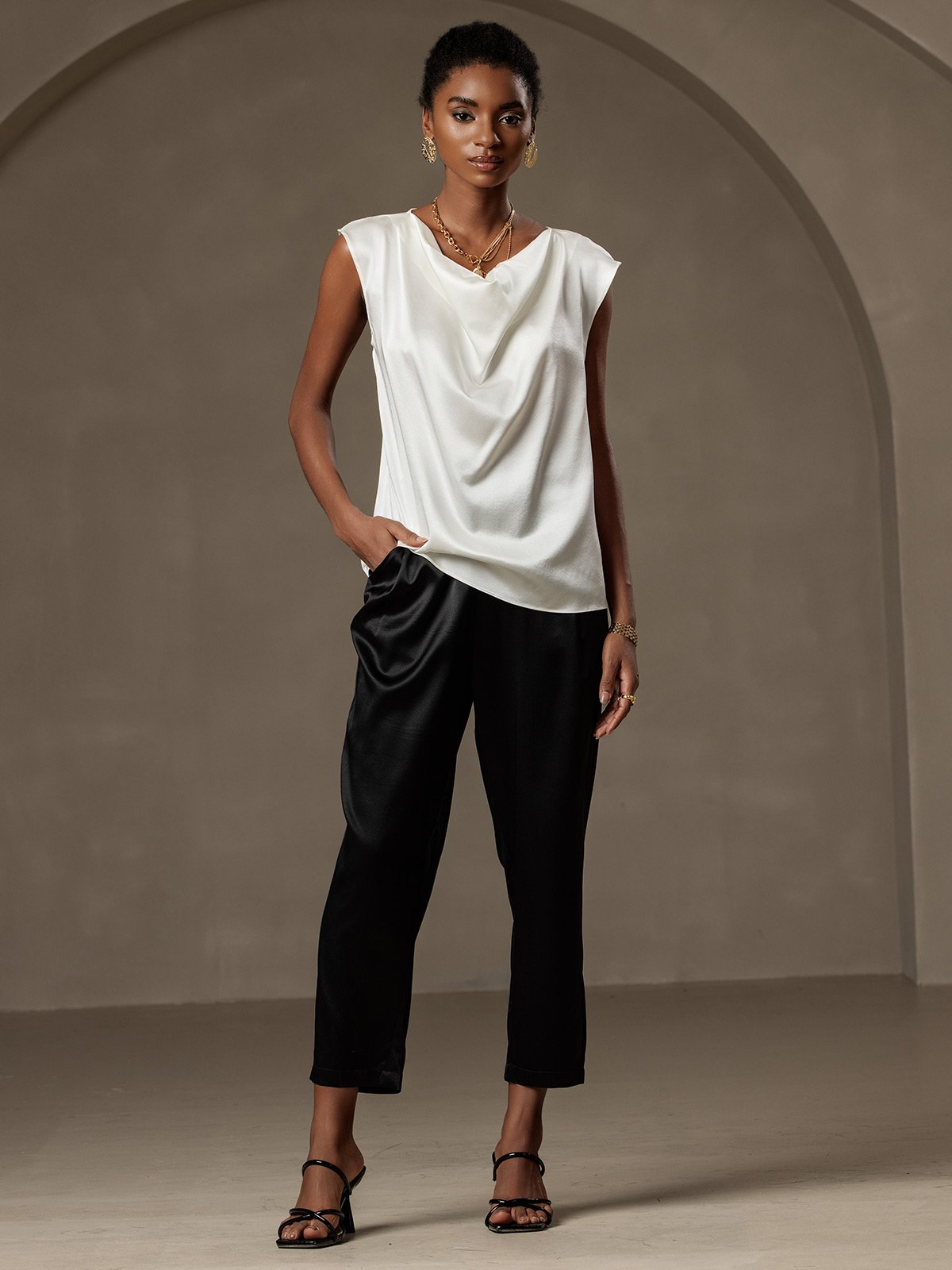 [Blanco] SilkSilky-ES 19Momme Seda Escote Caído Camisetas de Mujer 004