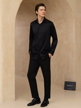 [Negro] SilkSilky-ES 19Momme Manga larga Cuello con Solapa Camisa de hombre 007