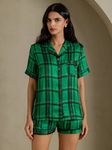 [Cuadros Verdes] SilkSilky-ES Short Sleeve Notch Collar Pijamas de mujer 001