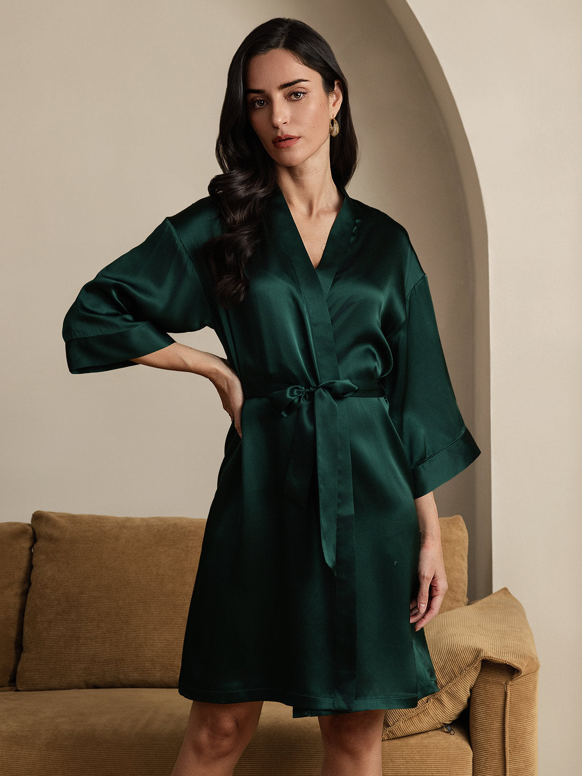 [Verde Oscuro] SilkSilky-ES Seda Pura Womens Robe 003