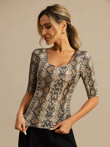 [Piel De Serpiente] SilkSilky-ES A metà Escote Cuchara Camisetas de Mujer 003