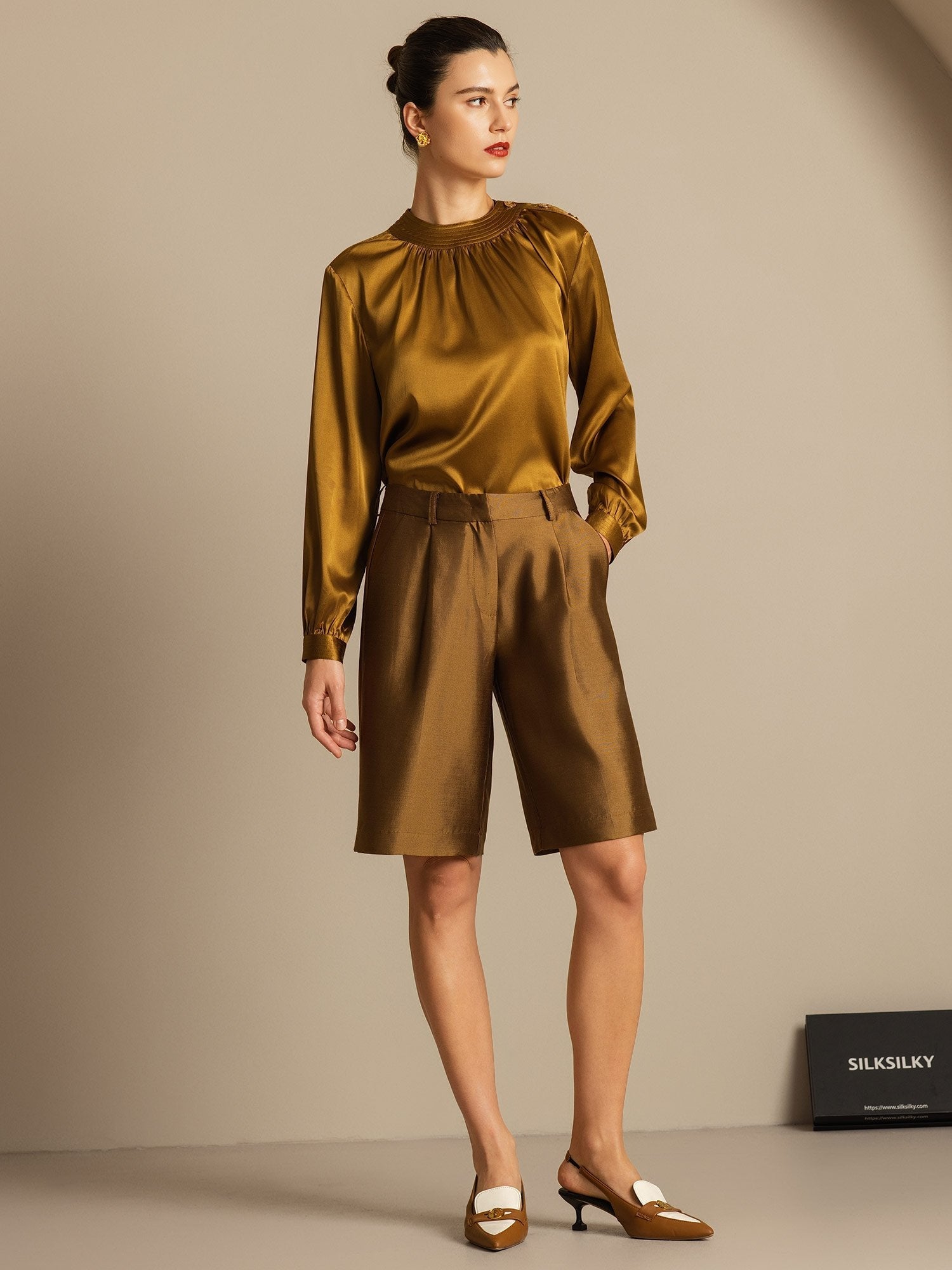 [Bronce] SilkSilky-ES 32Momme Silk-Wool Blend Womens Shorts 008,