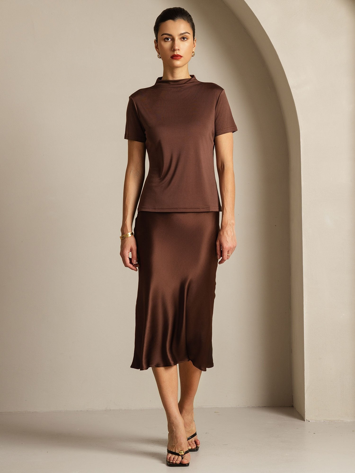 [Café] SilkSilky-ES Seda Pura Cuello Camisero Camisetas de Mujer 006