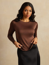 [Café] SilkSilky-ES Long Sleeve Crew Neck Camisetas de Mujer 006