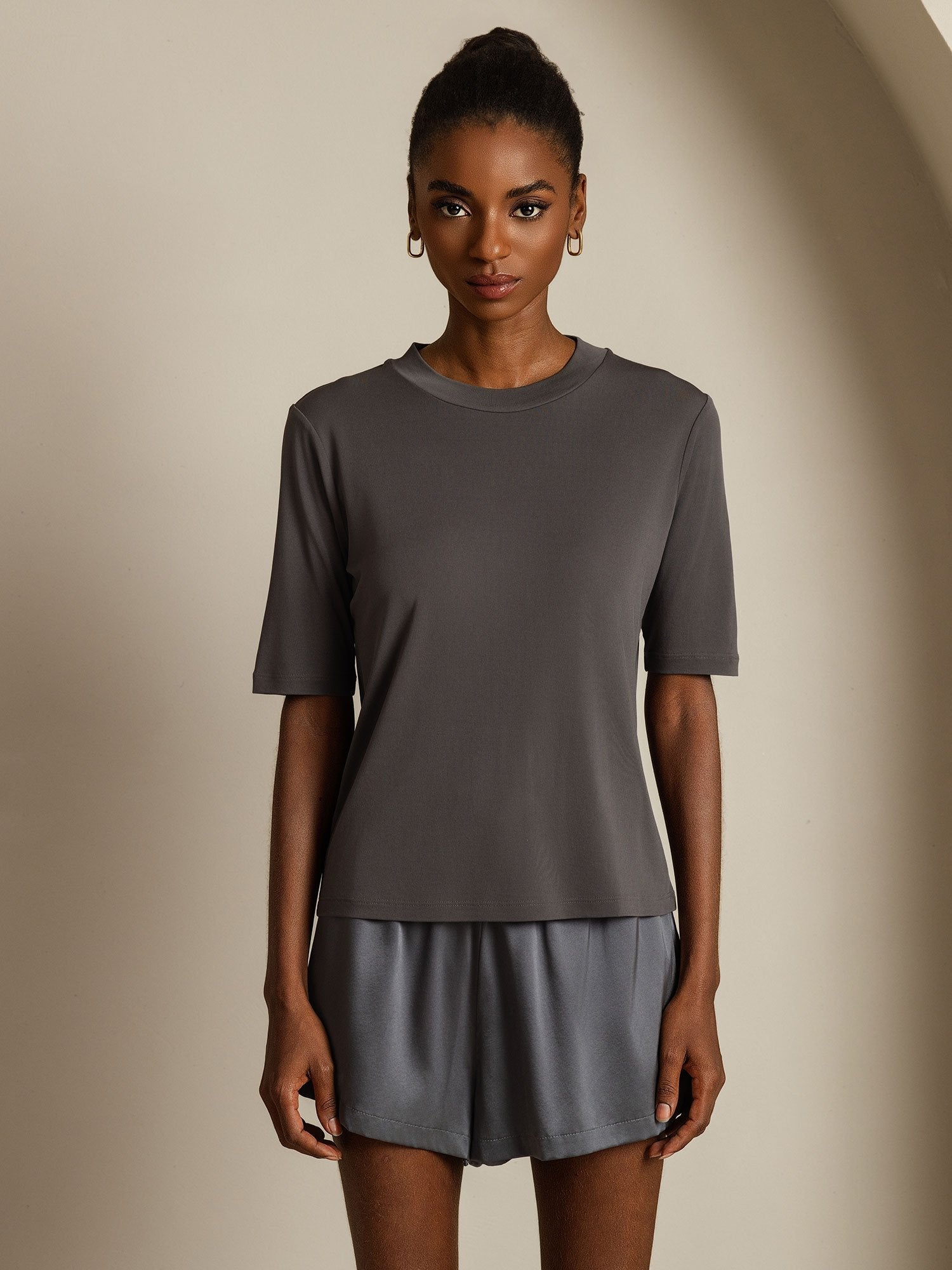 [Gris] SilkSilky-ES Seda Pura Womens T-Shirt 003
