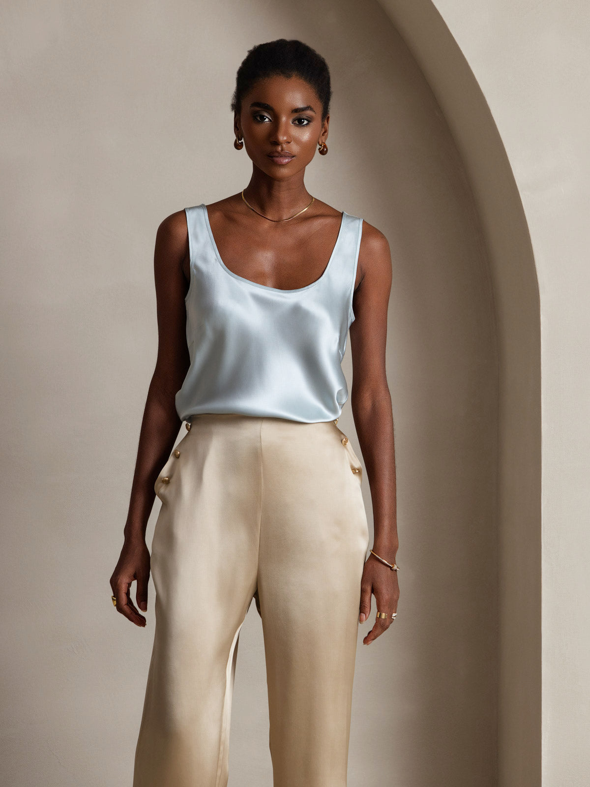 [Azul Claro] SilkSilky-ES 19Momme Seda Cuello en U Top de tirantes 003
