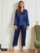 [Azul Oscuro] SilkSilky-ES Seda Pura Manga larga Womens Pajamas 001