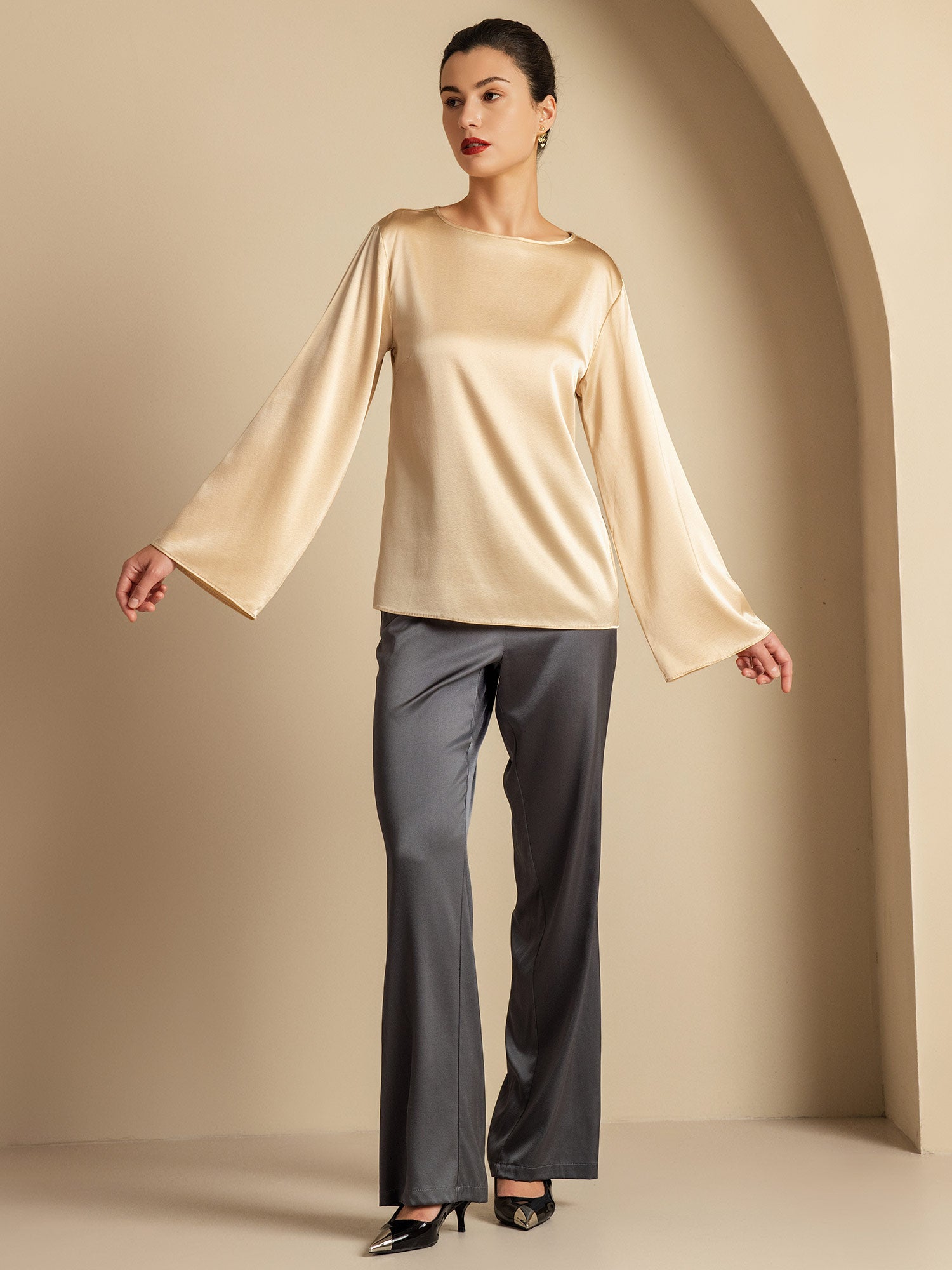 [Champán] SilkSilky-ES 19Momme Seda Womens T-Shirt 008