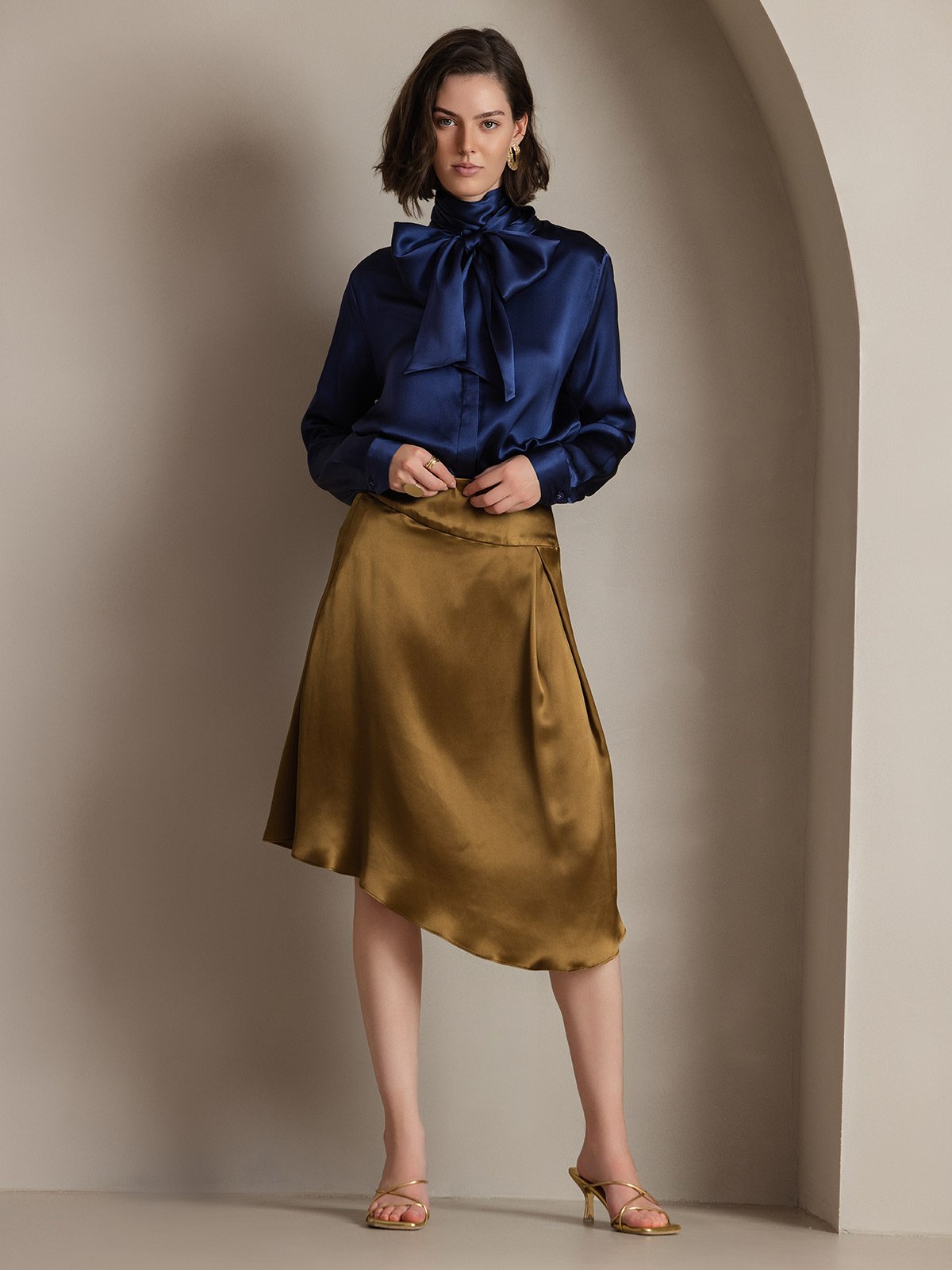 [Azul Oscuro] SilkSilky-ES 19Momme Seda Manga larga Corbata Blusas de Mujer 003