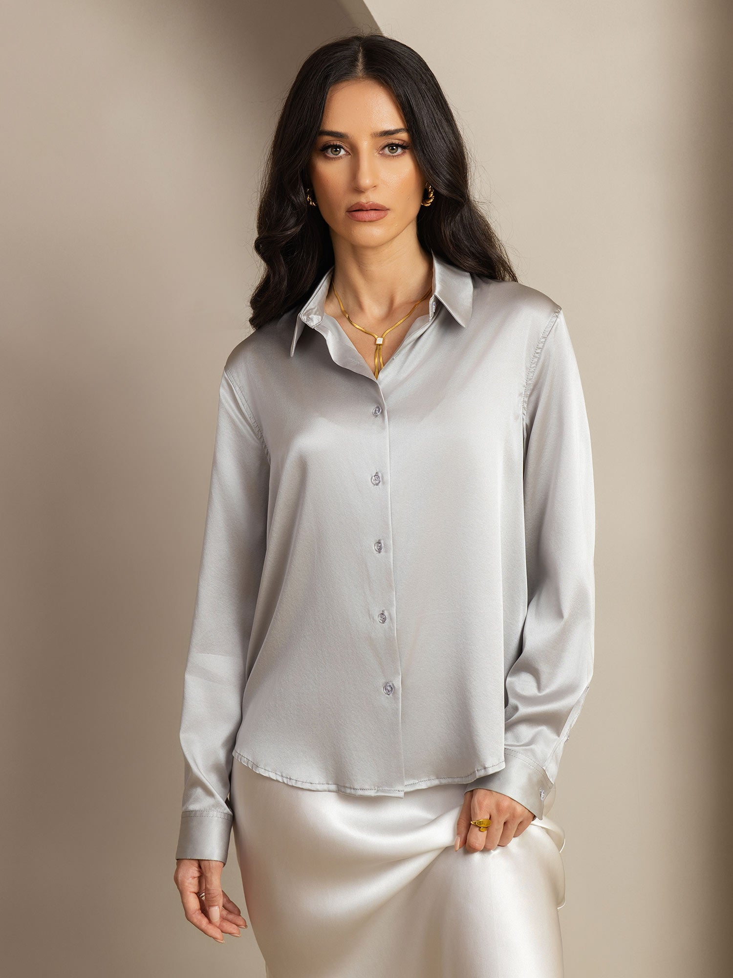 [Gris Claro] SilkSilky-ES Seda Cuello Camisero Blusas de Mujer 001