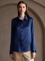 [Azul Oscuro] SilkSilky-ES Long Sleeve Lapel Collar Blusas de Mujer 001