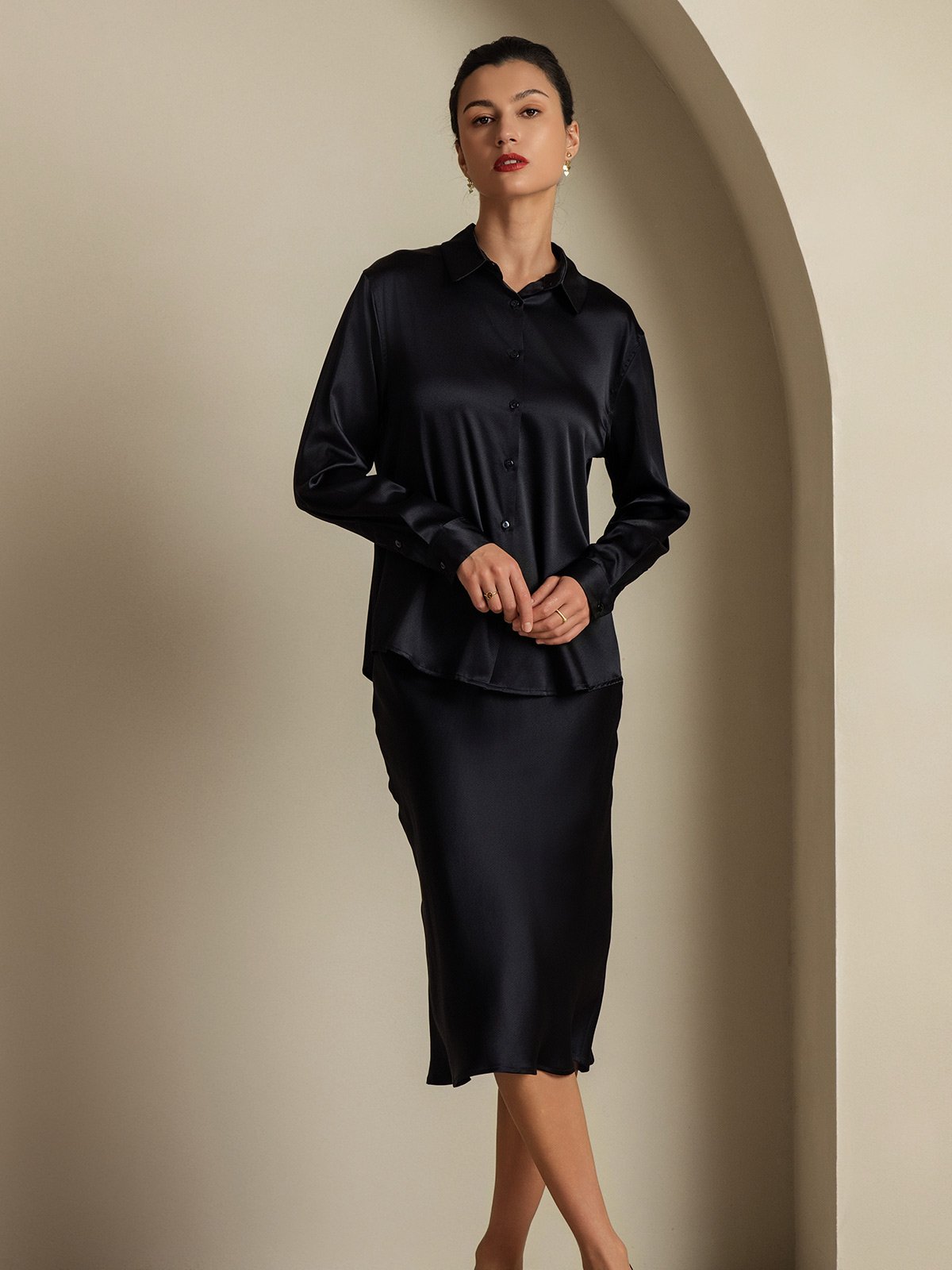 [Negro] SilkSilky-ES 19Momme Seda Cuello Camisero Women''s Outfit Sets 007,