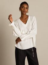 [Blanco] SilkSilky-ES Long Sleeve V Neck Blusas 004