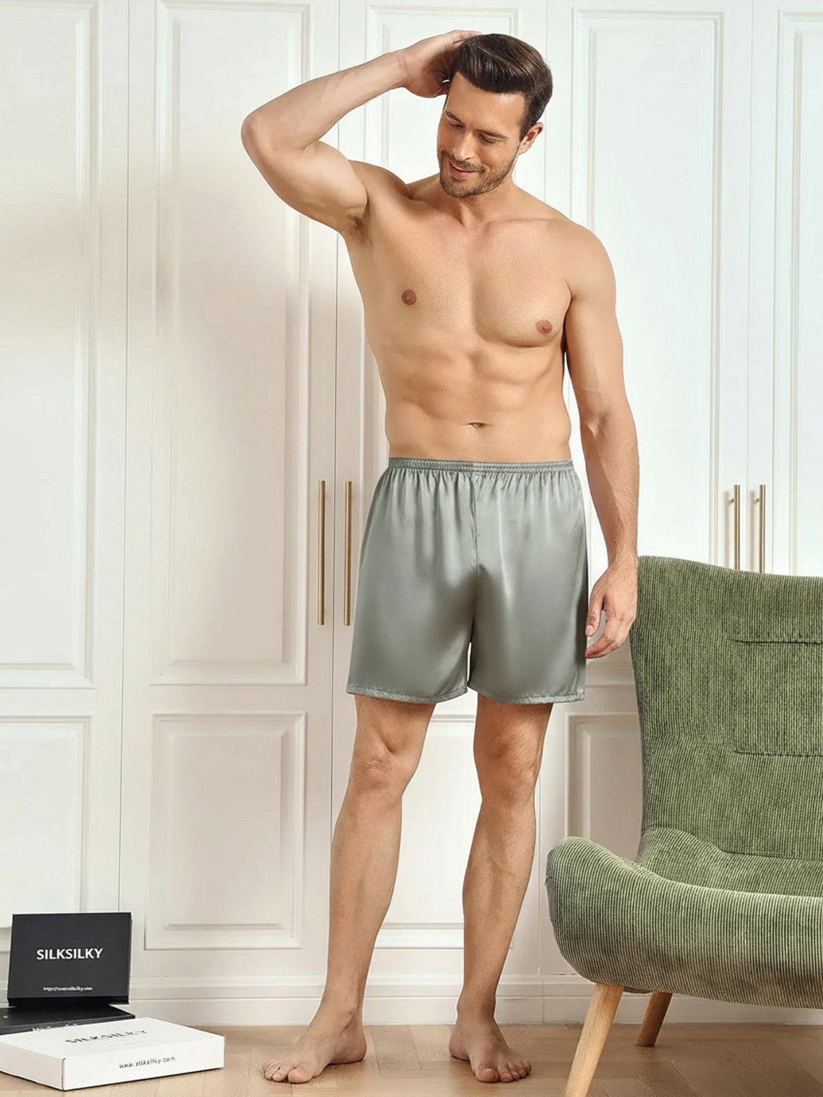 [Verde Grisáceo] SilkSilky-ES 19Momme Mens Sleep Bottoms 005
