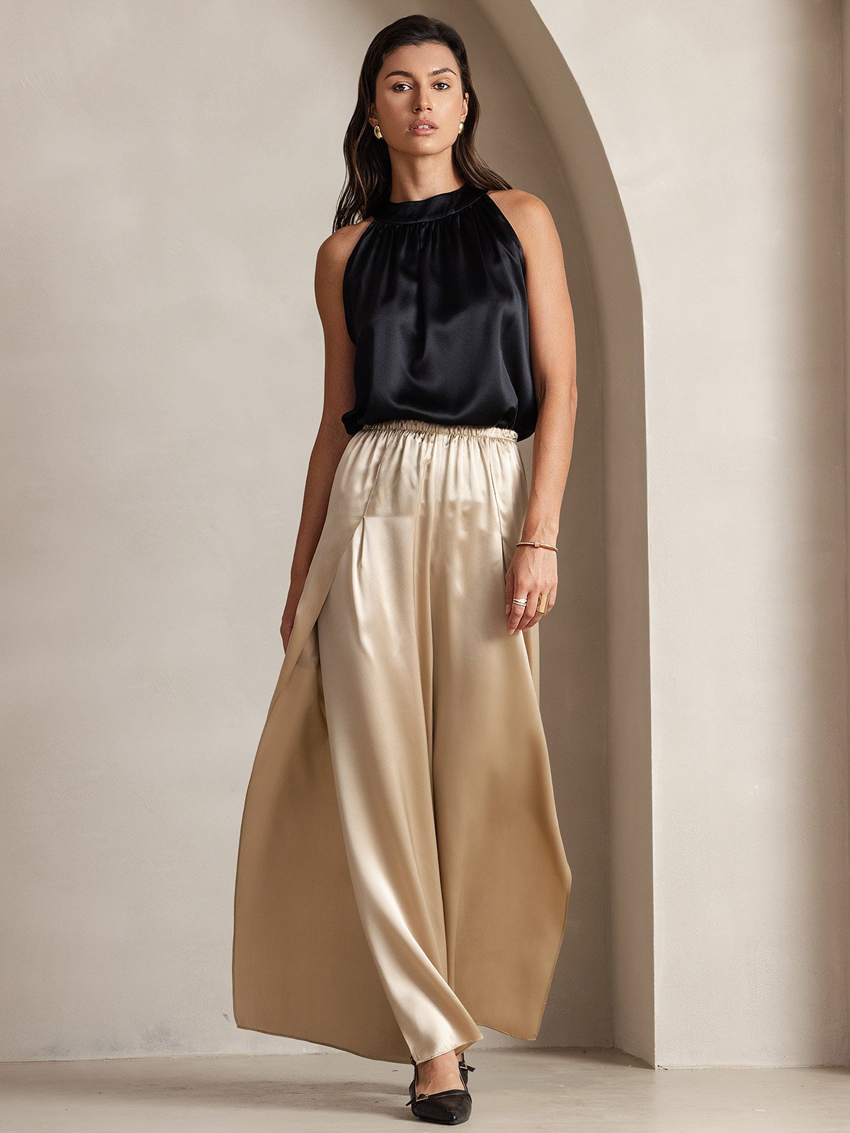 [Negro] SilkSilky-ES 19Momme Seda Sin mangas Womens T-Shirt 003