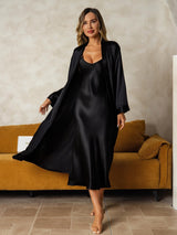 [Negro] SilkSilky-ES Long Sleeve V Neck Conjunto de camisón y bata 001