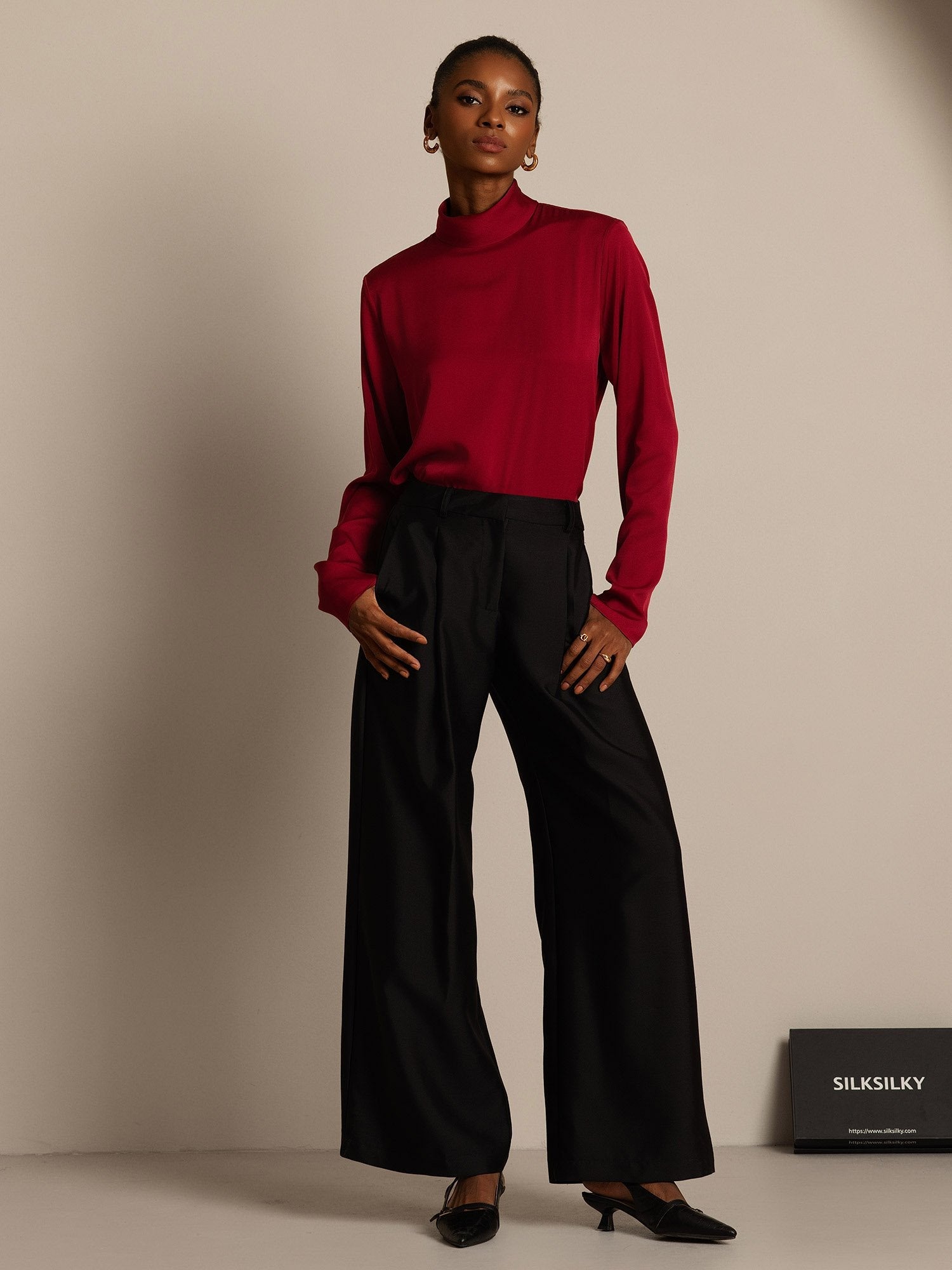 [Negro] SilkSilky-ES 32Momme Silk-Wool Blend Womens Pants 005,