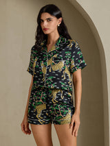 [Serval Negro] SilkSilky-ES Short Sleeve Notch Collar Pijamas de mujer 005