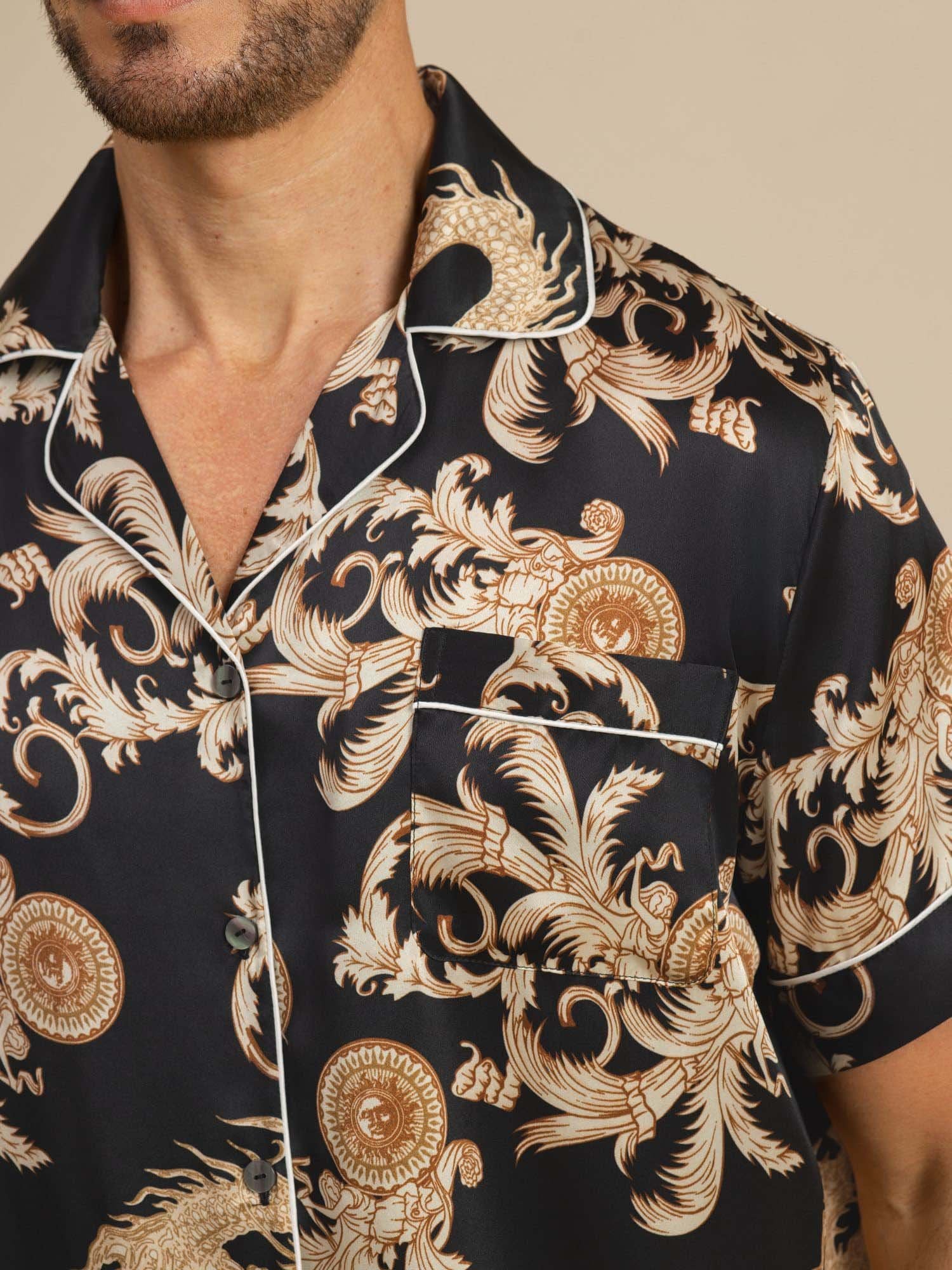 [Dragón Negro] SilkSilky-ES Manga corta Cuello de Muesca Pijamas de hombre 005