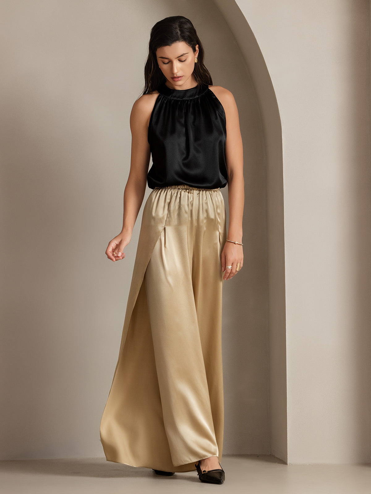[Champán] SilkSilky-ES 19Momme Seda Split Pantalones de mujer 008