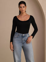 [Negro] SilkSilky-ES Long Sleeve Cuello en U Camisetas de Mujer 004