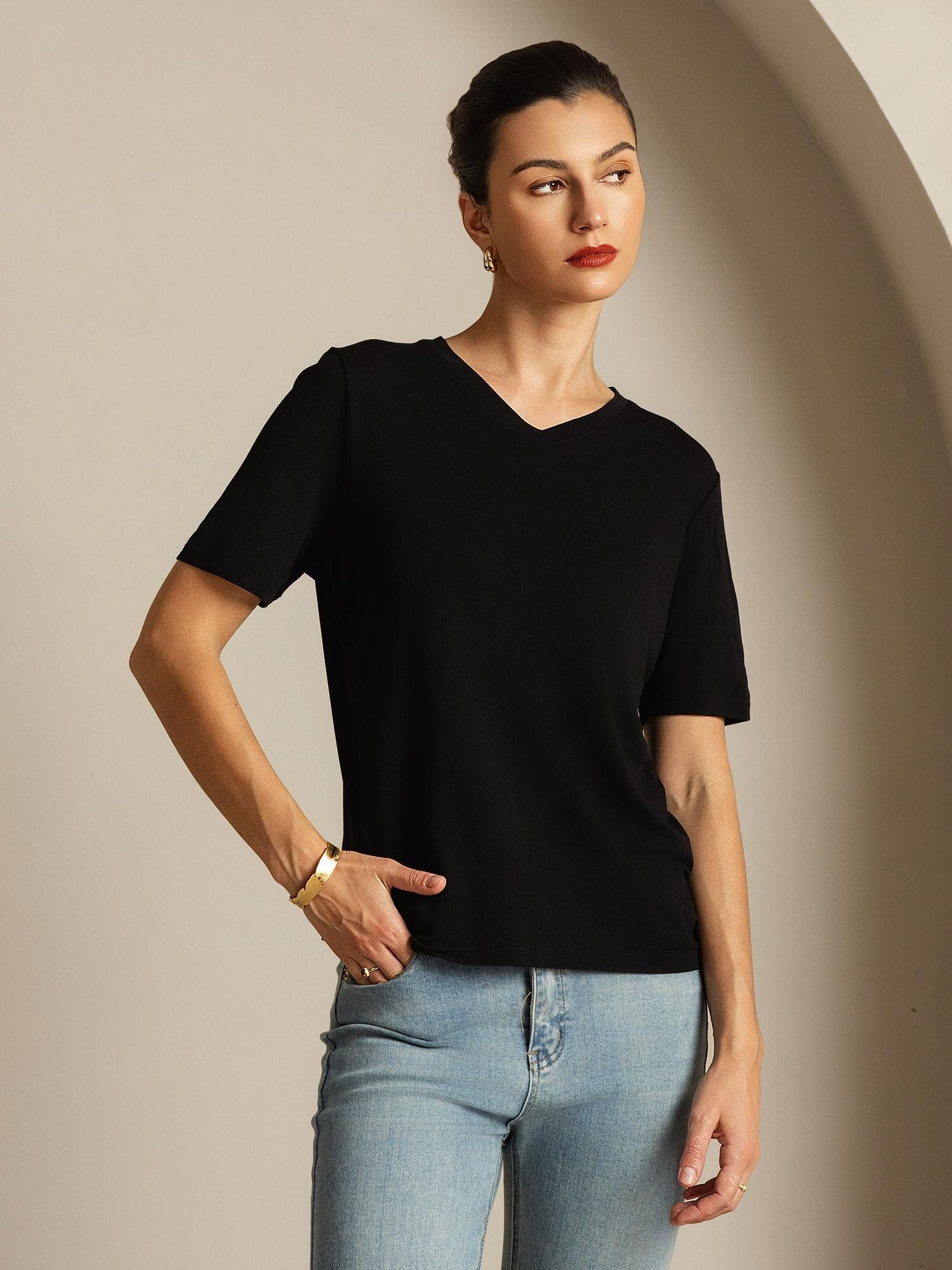 [Negro] SilkSilky-ES Seda Pura Cuello en V Camisetas de Mujer 007