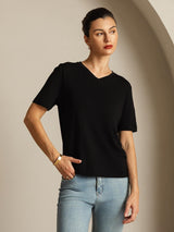 [Negro] SilkSilky-ES Manga corta Cuello en V Camisetas de Mujer 007