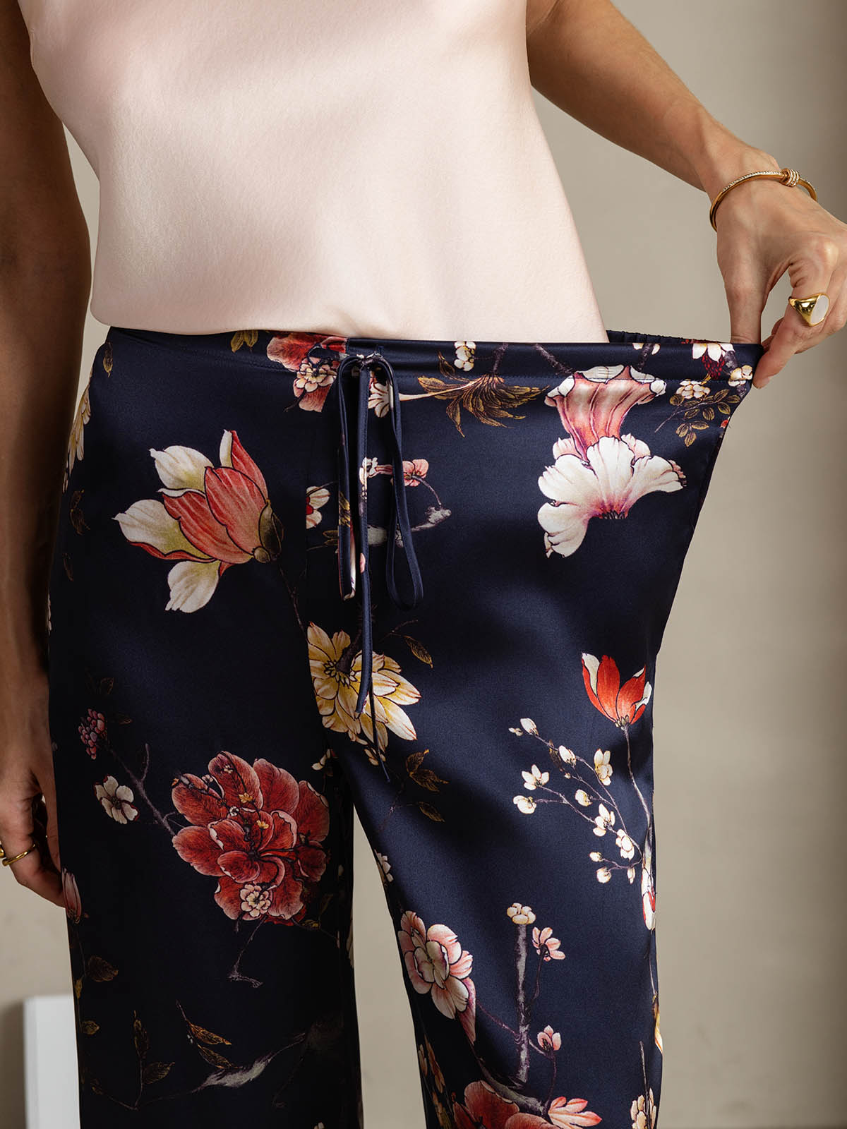 [Floral Azul Marino] SilkSilky-ES 19Momme Seda Womens Pants 004