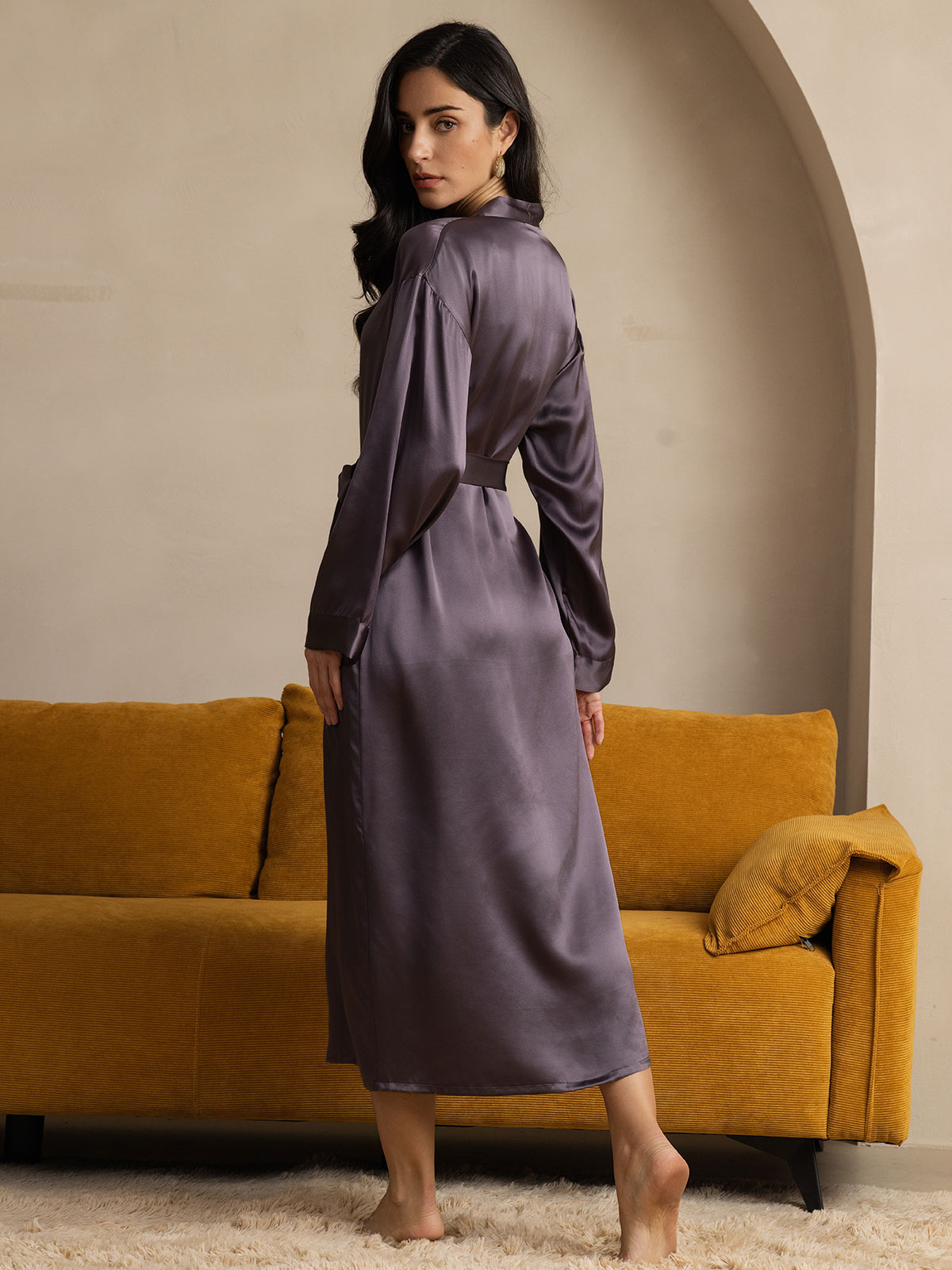 [Gris Púrpura] SilkSilky-ES Seda Pura Wrap Bata de mujer 002
