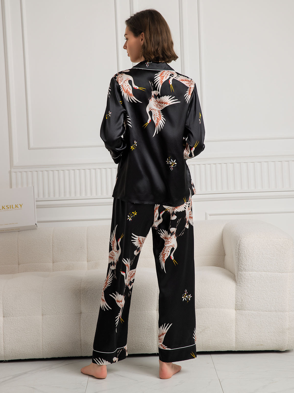 [Negro] SilkSilky-ES 19Momme Seda Pura Manga larga Solapa Pijamas de mujer 002