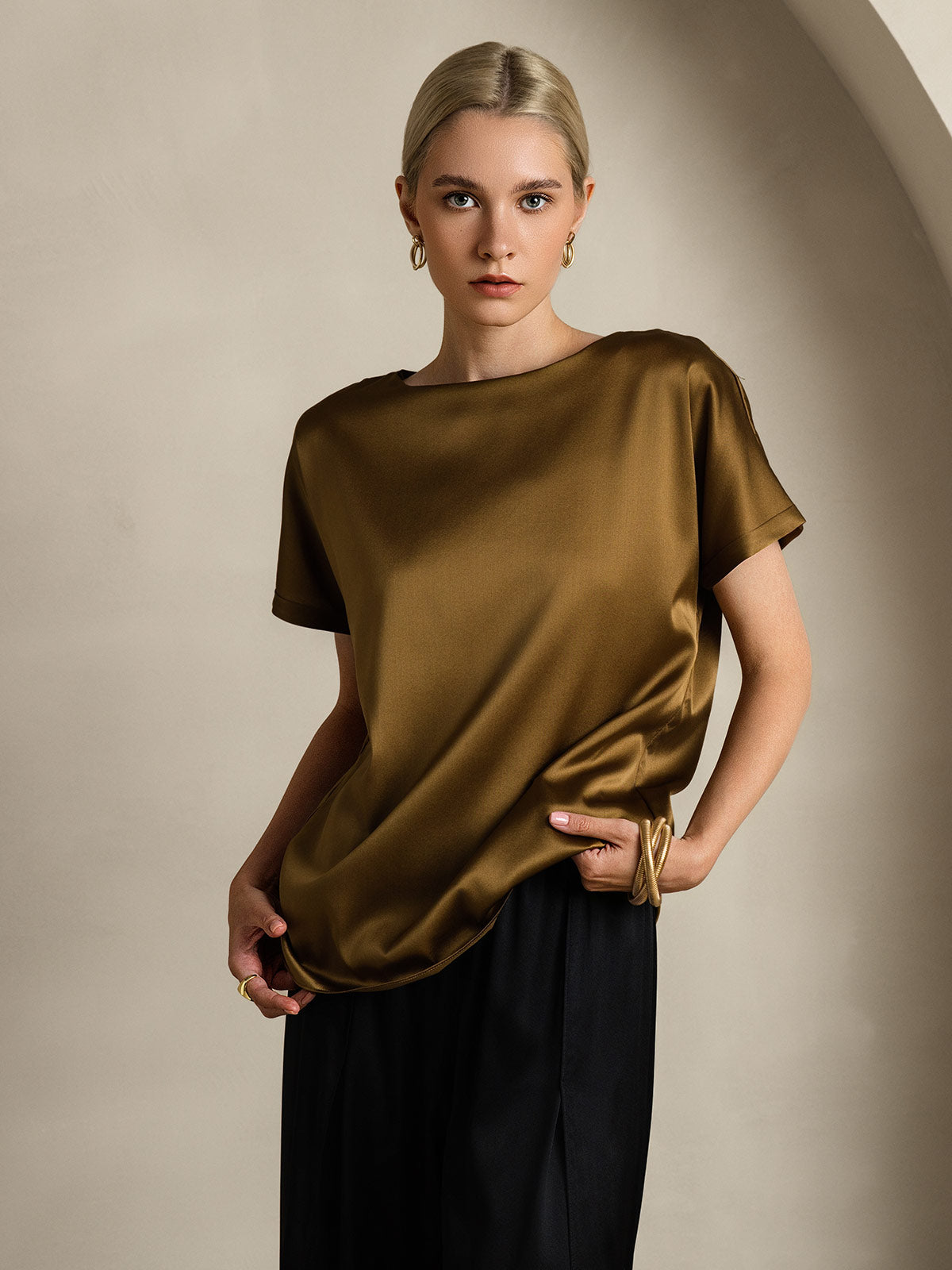 [Marrón] SilkSilky-ES 19Momme Manga corta Cuello Barco Camisetas de Mujer 003