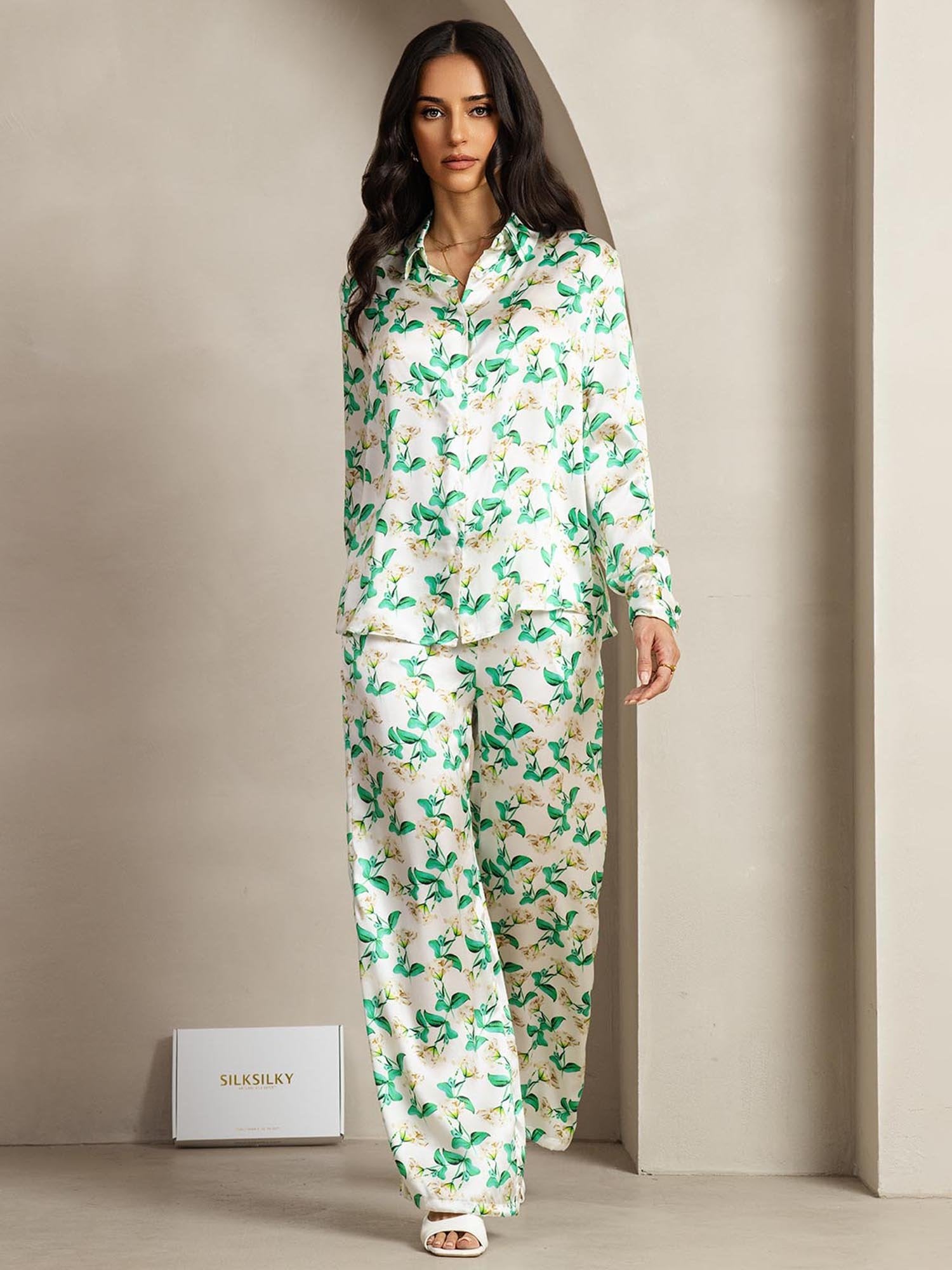 [FloralVerde] SilkSilky-ES 19Momme Seda Lapel Collar Women''s Outfit Sets 002