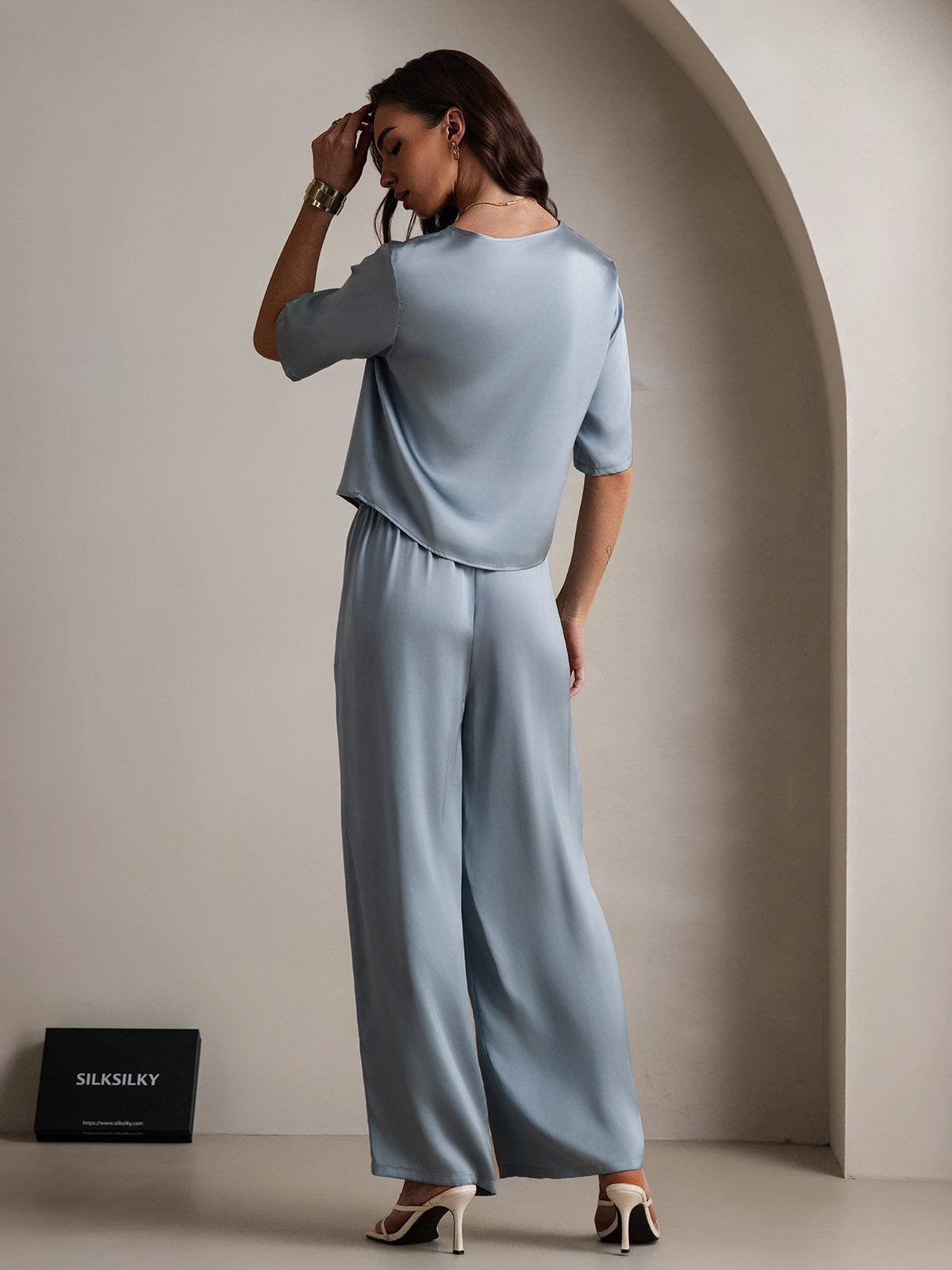 [Azul Grisáceo] SilkSilky-ES Seda Pura Womens Pajamas 002