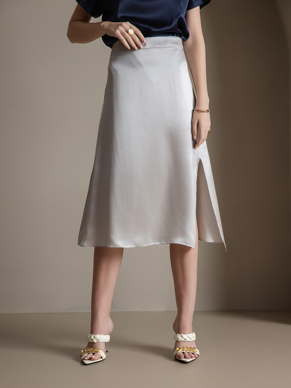 [Gris Claro] SilkSilky-ES 19Momme Seda Skirt 001