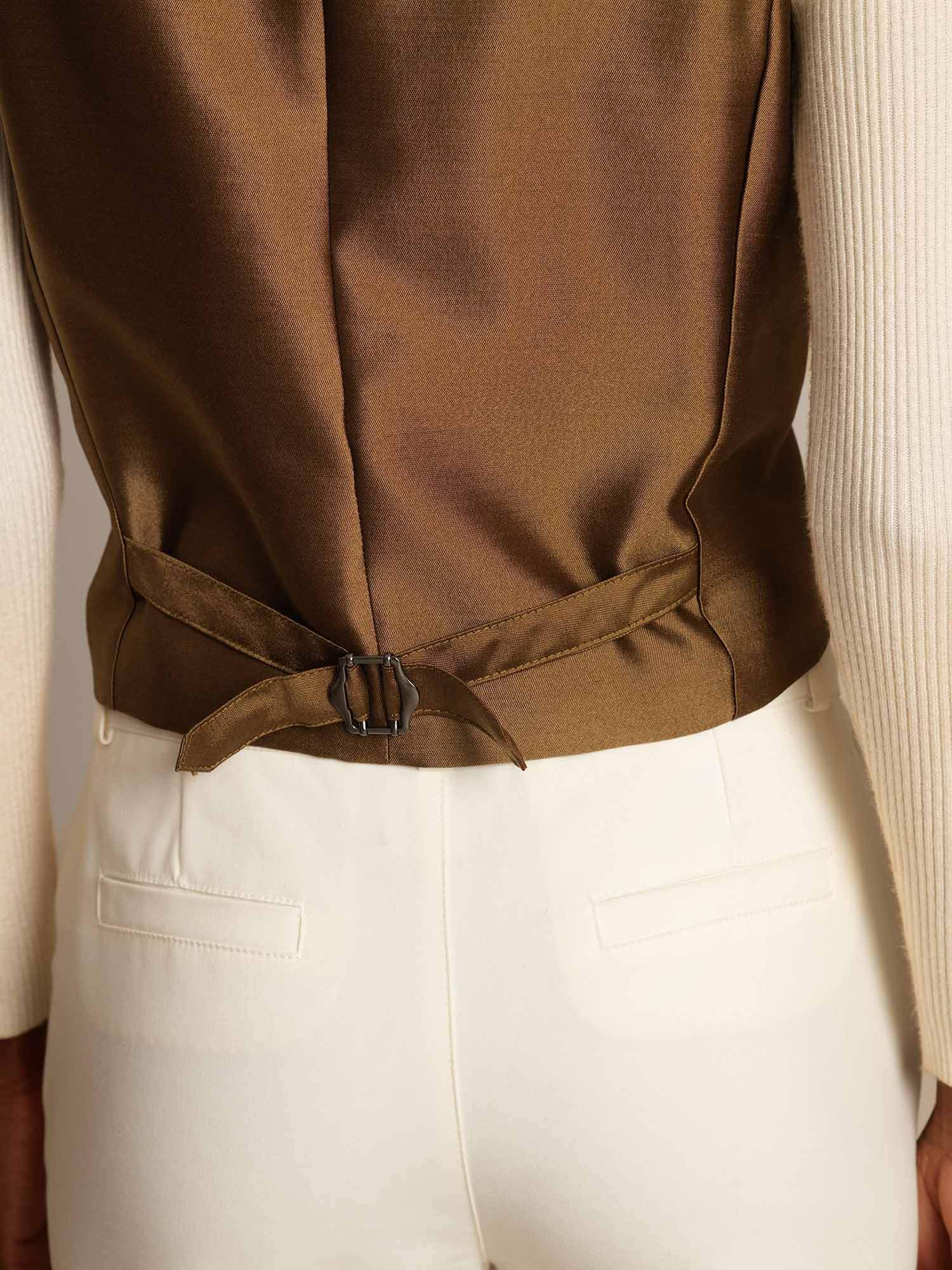 [Bronce] SilkSilky-ES 32Momme Silk-Wool Blend Cuello en V Chaleco Mujer 006,