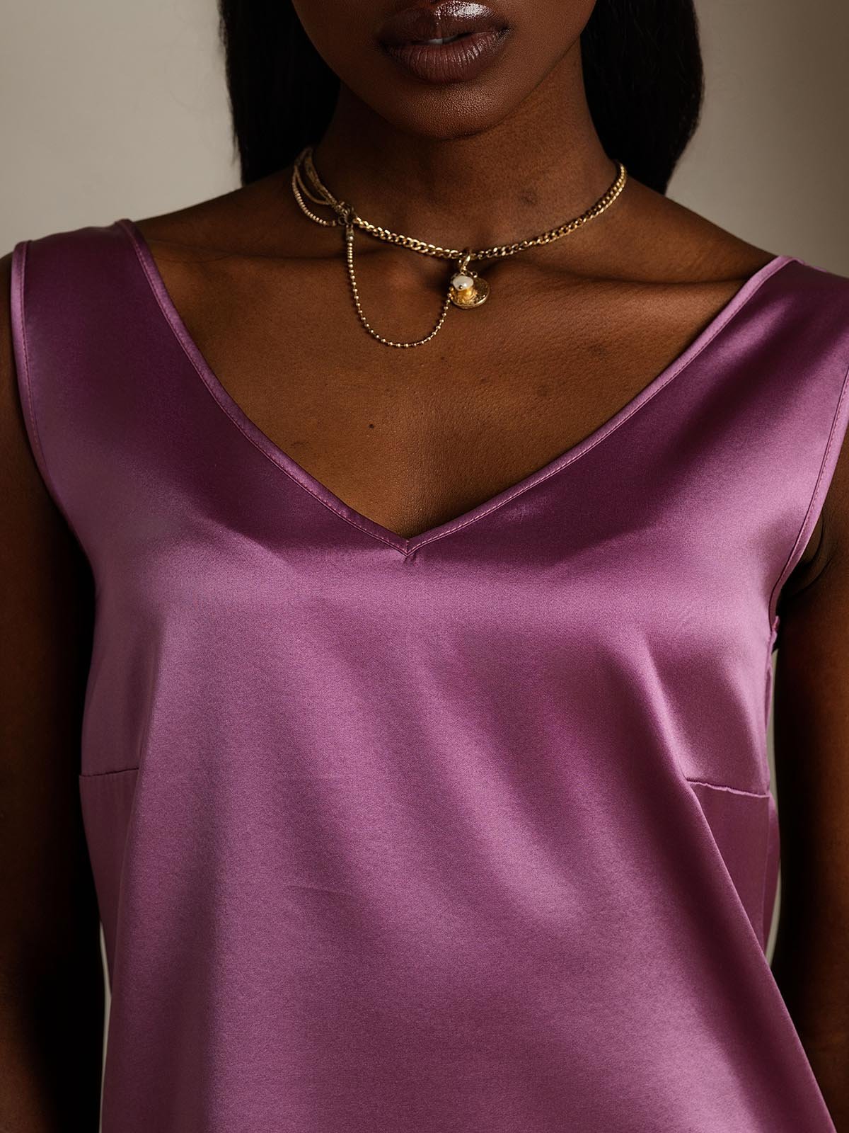 [Morado Oscuro] SilkSilky-ES 19Momme Seda Cuello en V Top de tirantes 006