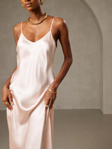 [Rosa] SilkSilky-ES Spaghetti Strap V Neck Vestido 005